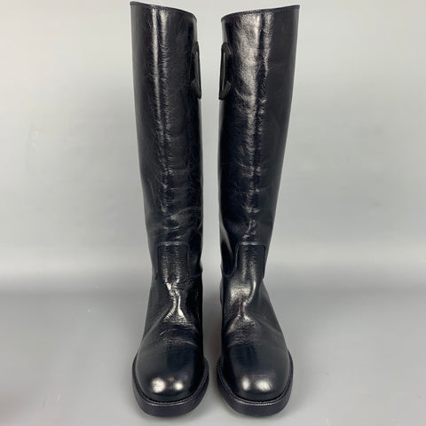 CHANEL Size 8.5 Midnight Blue Crackled Leather Riding Pull On CC Boots