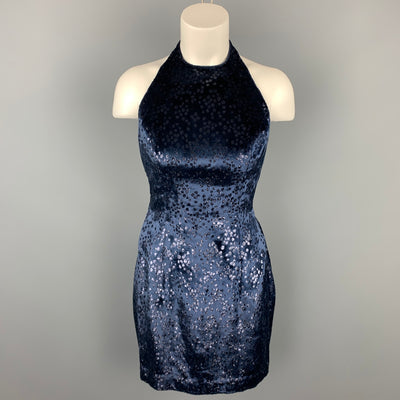 MICHAEL CASEY Size 6 Navy Dot Print Velvet Cocktail Open Back Mini Dress