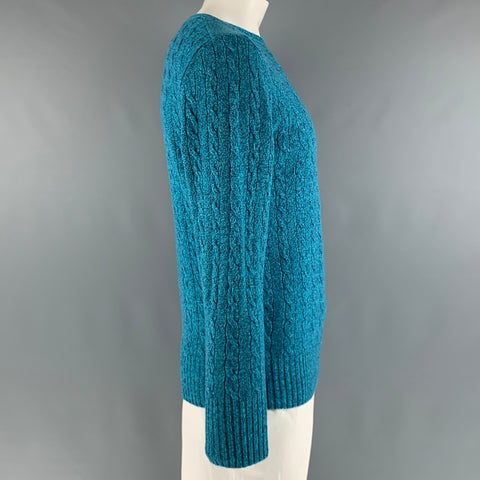 ERDEM Size L Blue Grey Cable Knit Merino Wool Blend Boat Neck Sweater