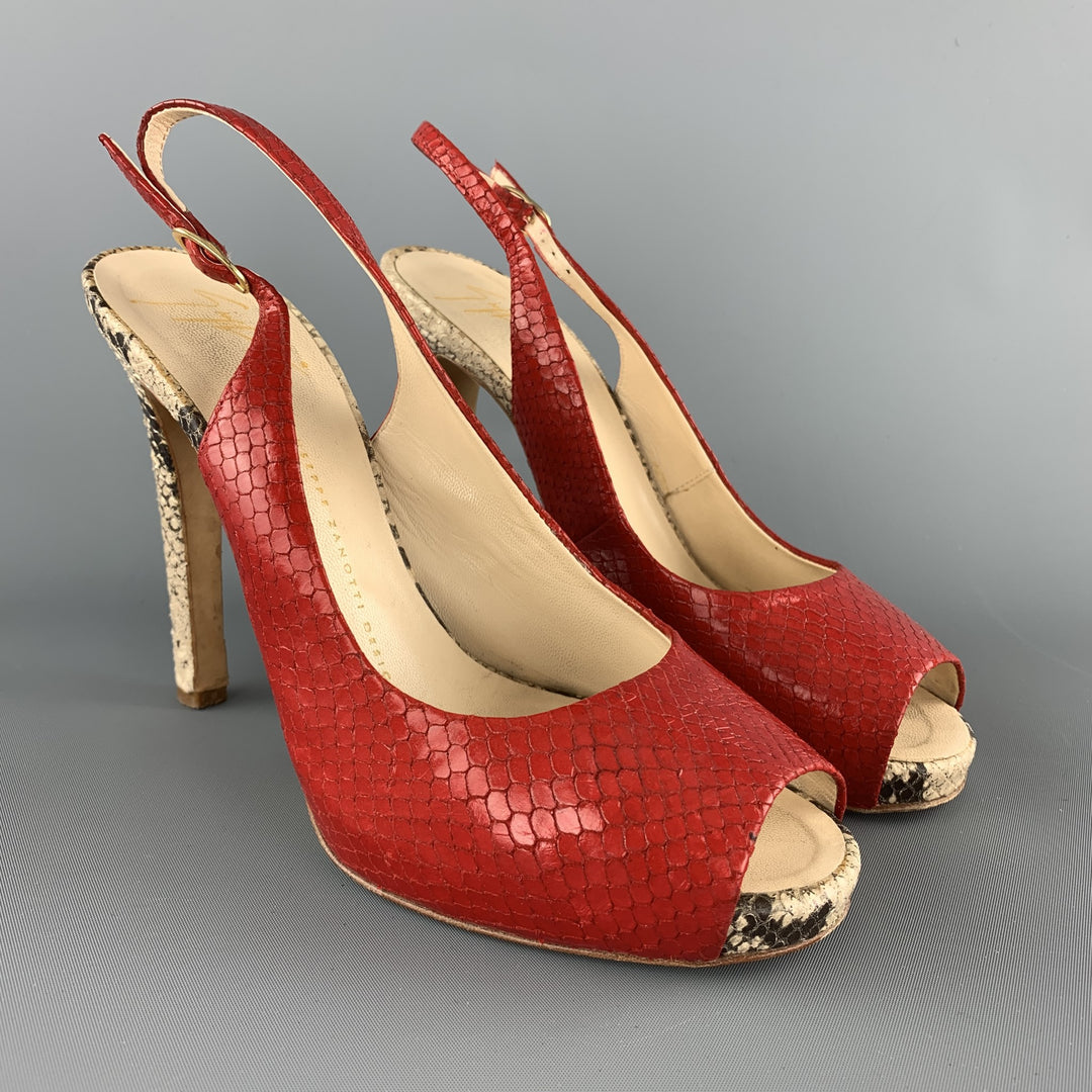 GIUSEPPE ZANOTTI Talla 8 Zapatos de tacón peep toe con tira trasera y piel de serpiente en rojo y beige