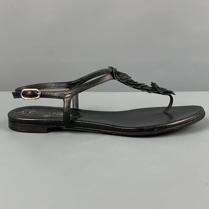 CHANEL Size 7.5 Black Leather Flower Applique Flat Sandals