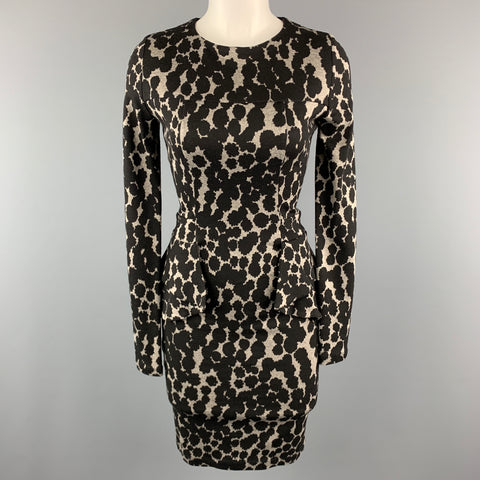 ISABEL DE PEDRO Size 4 Black & Grey Viscose Blend Spotted Peplum Long Sleeves  Dress