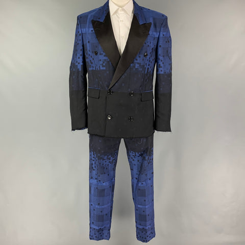 VIVIENNE WESTWOOD HOMBRE Talla 42 Traje cruzado con dobladillo crudo en mezcla de lana con estampado cuadrado azul y negro