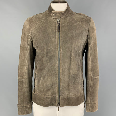 JUST CAVALLI Size 46 Moss Distressed Suede Zip Snaps Jacket