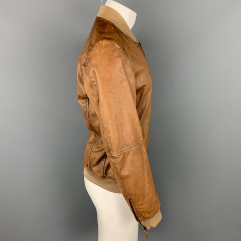 EMPORIO ARMANI Size 40 Tan Leather Zip Up Bomber Jacket