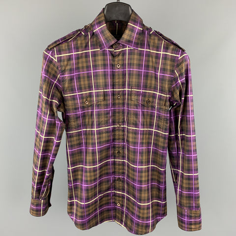GUCCI Talla XS Camisa de manga larga con charreteras y bolsillos de parche con botones de algodón a cuadros marrón y morado
