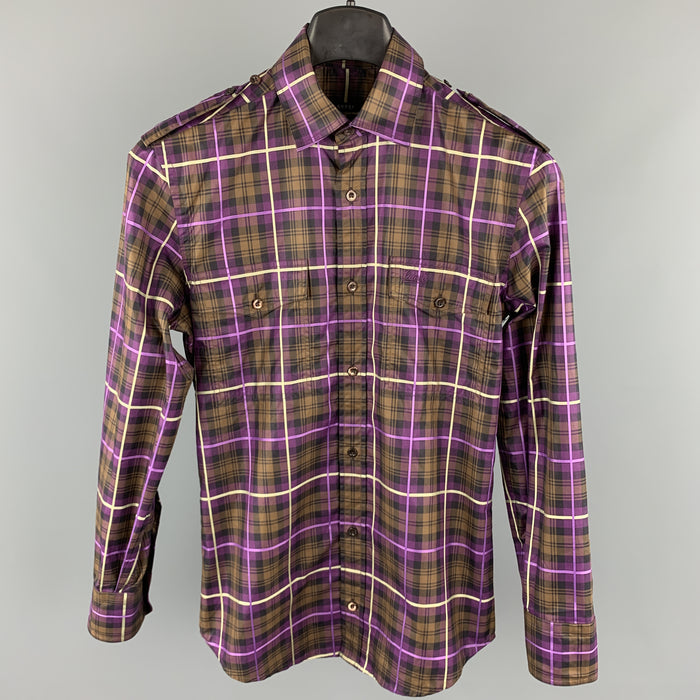GUCCI Size XS Brown & Purple Plaid Cotton Button Up Patch Pockets Epaulettes Long Sleeve Shirt