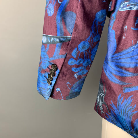 PAUL SMITH Size 40 Burgundy & Blue Print Velvet Notch Lapel Sport Coat