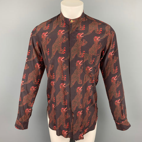 PAUL SMITH Size S Brown & Red Dinosar Print Cupro / Cotton Long Sleeve Shirt