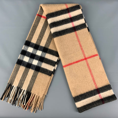 BURBERRY Beige Black Plaid Cashmere Scarf