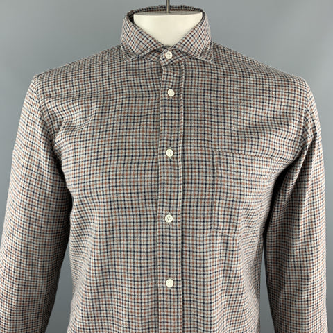 HARTFORD Size L Grey & Orange Plaid Cotton Button Up Long Sleeve Shirt
