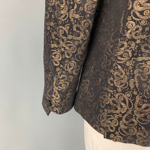 ROBERTO CAVALLI Size 46 Black Gold Jacquard Shawl Collar Sport Coat