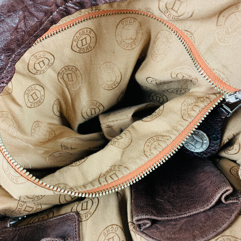 PARKER OCHS Brown Mixed Leathers Alligator Leather Hobo Handbag