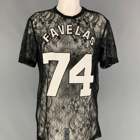 GIVENCHY Otoño 2014 Talla S Negro Blanco Favelas 74 Camiseta de encaje con cuello redondo