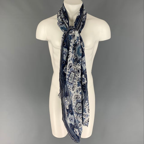 CAMERUCCI Blue White Abstract Floral Cotton Scarf