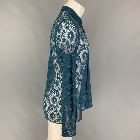 GUCCI SS 16 Size L Teal Lace Polyamide Cotton Button Up Long Sleeve Shirt