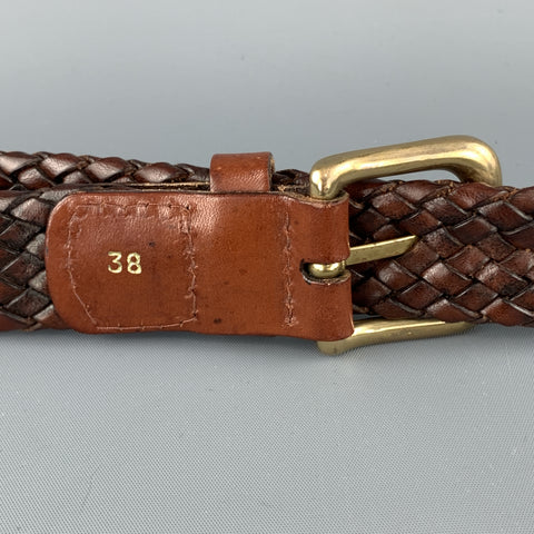 VINTAGE Size 38 Woven Black Leather Gold Brass Buckle Belt