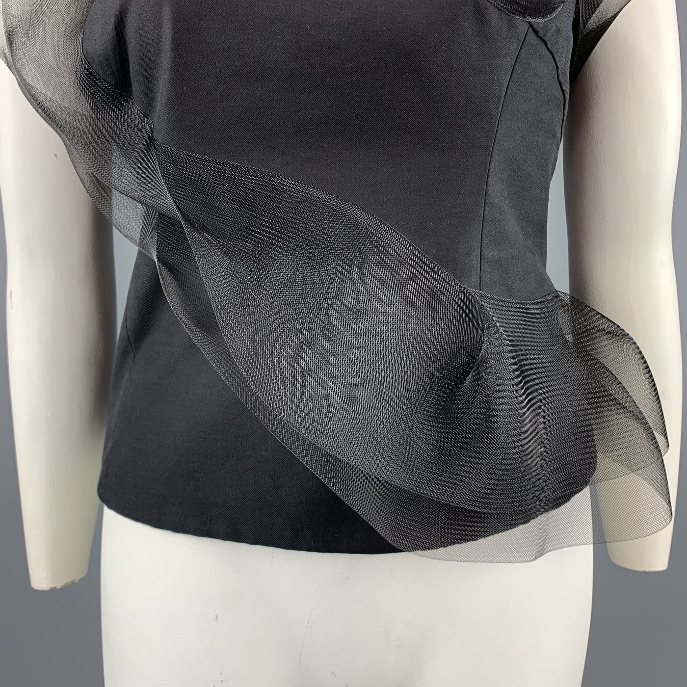 AKRIS Size 12 Black Cotton / Silk Strapless Mesh Ruffle Bustier Top