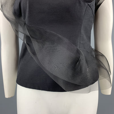 AKRIS Size 12 Black Cotton / Silk Strapless Mesh Ruffle Bustier Top