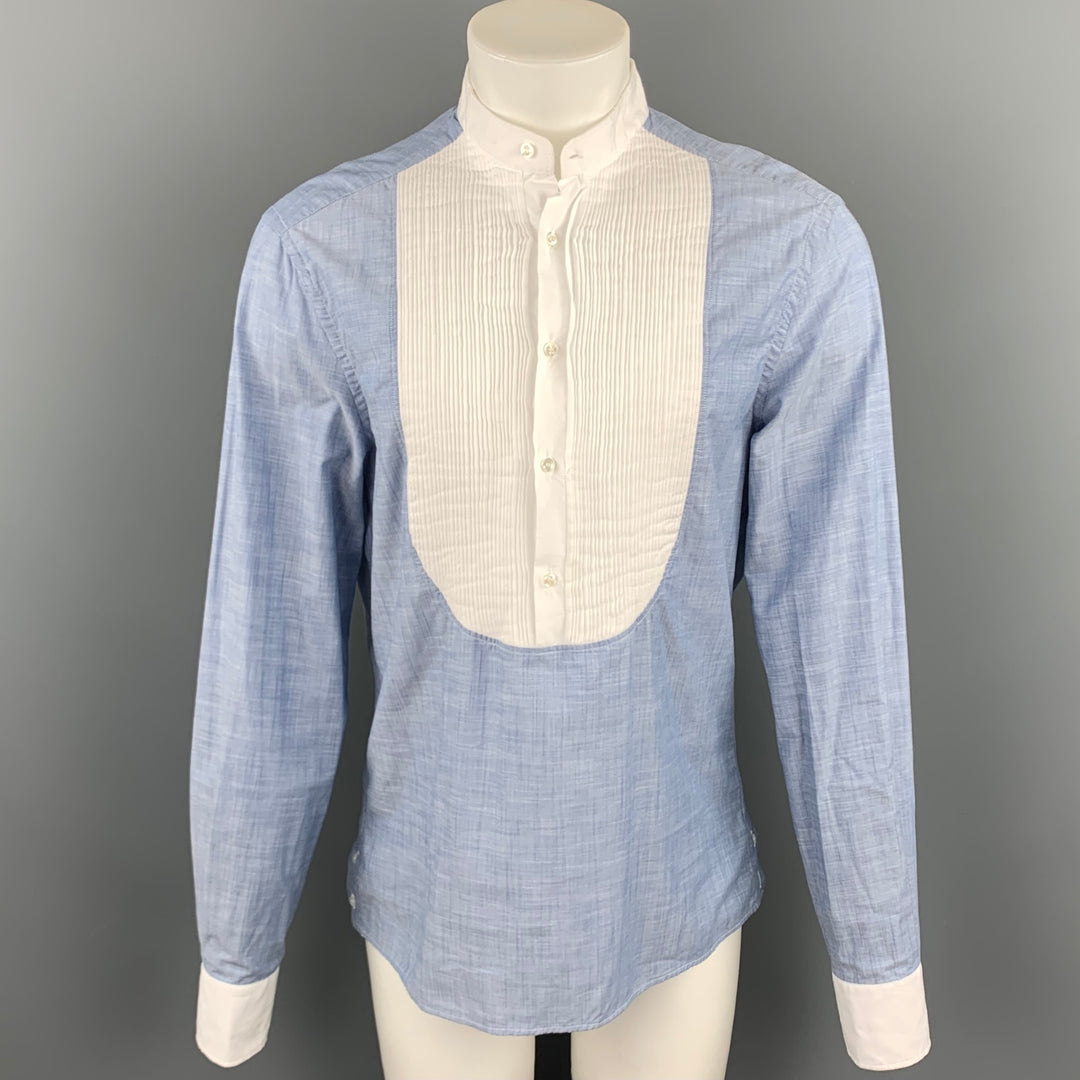MICHAEL BASTIAN Size L Blue & White Pleated Cotton Long Sleeve Shirt