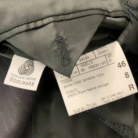 LANVIN Size 36 Black Stripe Wool Peak Lapel 30 28 Suit