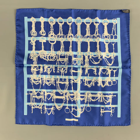 HERMES Mors & Filets Blue White Equestrian Silk Twill Pocket Square