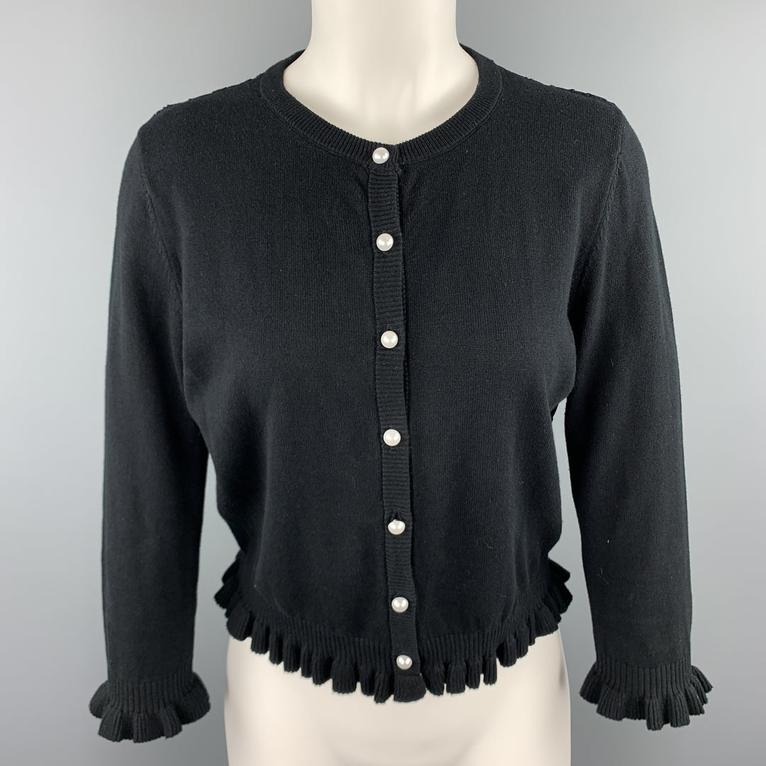 KARL LAGERFELD Size XS Black Cotton Blend Lace Back Ruffle Cardigan