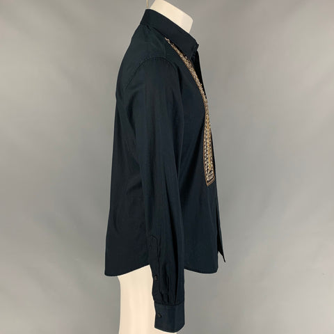 JUST CAVALLI Size 40 Black & Silver Embroidery Cotton Long Sleeve Shirt