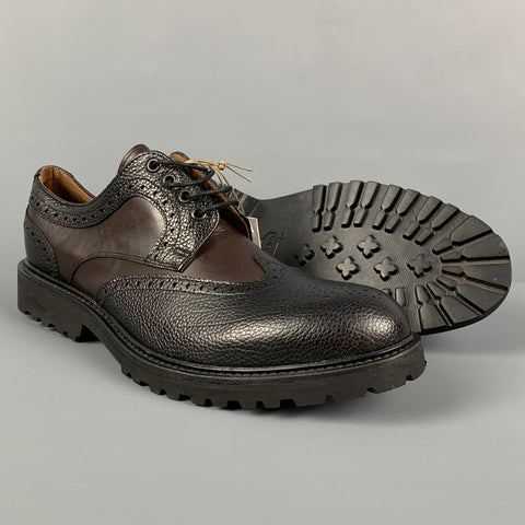 ELEVENTY Size 11 Black Brown Perforated Leather Wingtip Lace Up Shoes