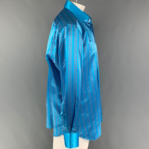STEFANO RICCI Size XL Turquoise Light Grey Dots Silk Long Sleeve Shirt