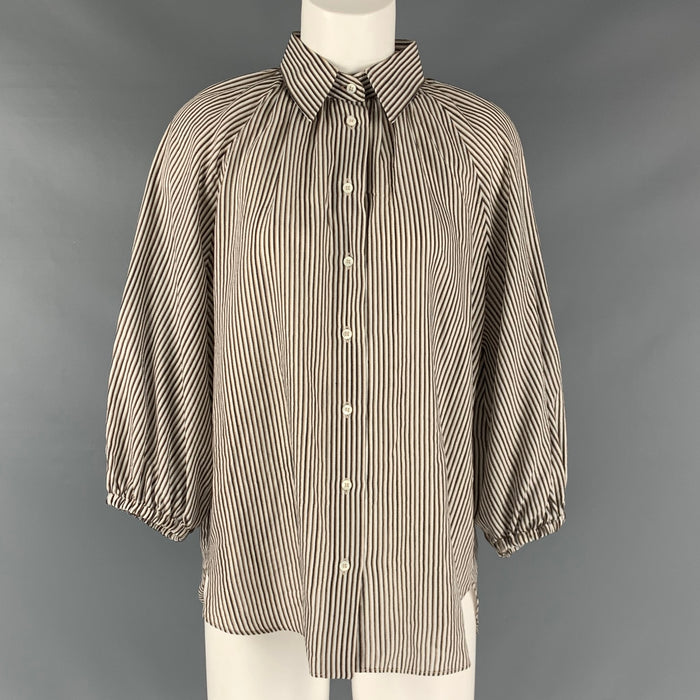 BRUNELLO CUCINELLI Talla L Blanco Marrón Negro Mezcla de algodón Top casual a rayas