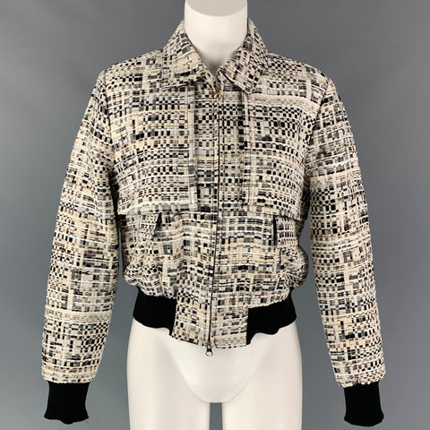 BADGLEY MISCHKA Size 4 White & Black Textured Boucle Polyester Blend Jacket