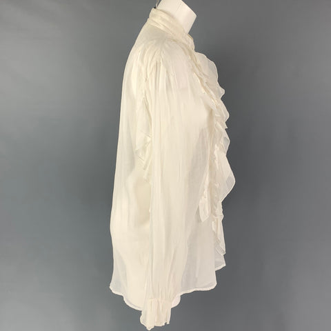 DRIES VAN NOTEN Size 8 White Cotton Silk Ruffled Nehru Collar Blouse
