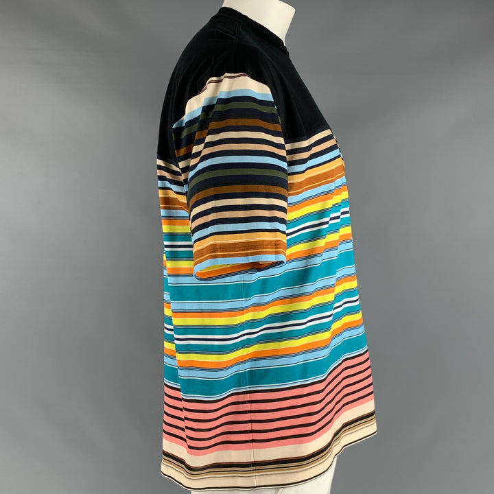 PRADA Size XL Black Multi-Color Stripe Cotton Crew-Neck T-shirt