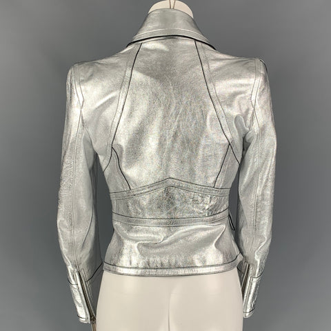 DSQUARED2 Size 6 Silver Leather Black Trim Biker Jacket