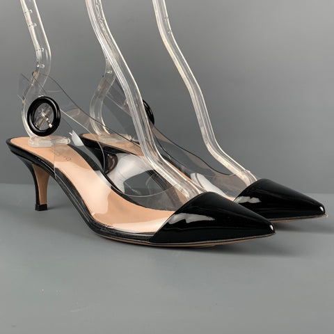 GIANVITO ROSSI Talla 6.5 Zapatos de tacón de gatito de charol de acetato transparente negro