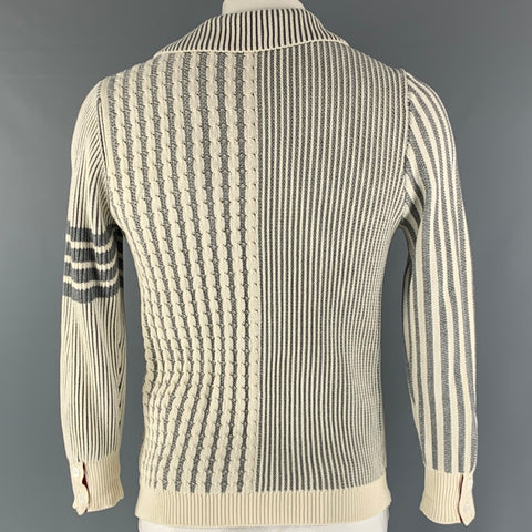 THOM BROWNE Size M/L Cream Grey Stripe Knit Button Up Cardigan