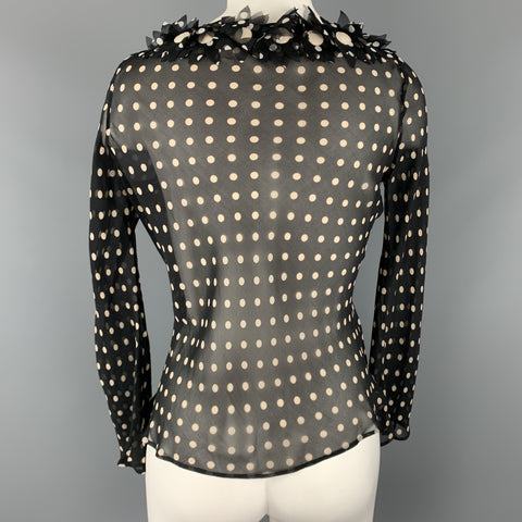 MOSCHINO Size 8 Black & Cream Polk Dot Silk Floral Cardigan Blouse