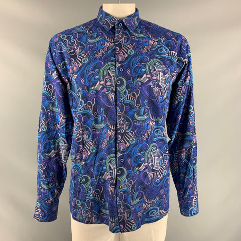 GENE HILLER Size XXL Purple Print Cotton & Modal Button Up Long Sleeve Shirt