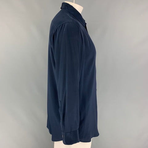 LA PERLA Size XXL Navy Silk Button Up Long Sleeve Shirt