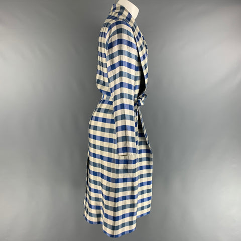 LA PERLA Taille M Bleu Off White Damier Soie Lin Ceinture Robe