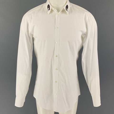 DOLCE & GABBANA Size M White Print Cotton Button Up Long Sleeve Shirt