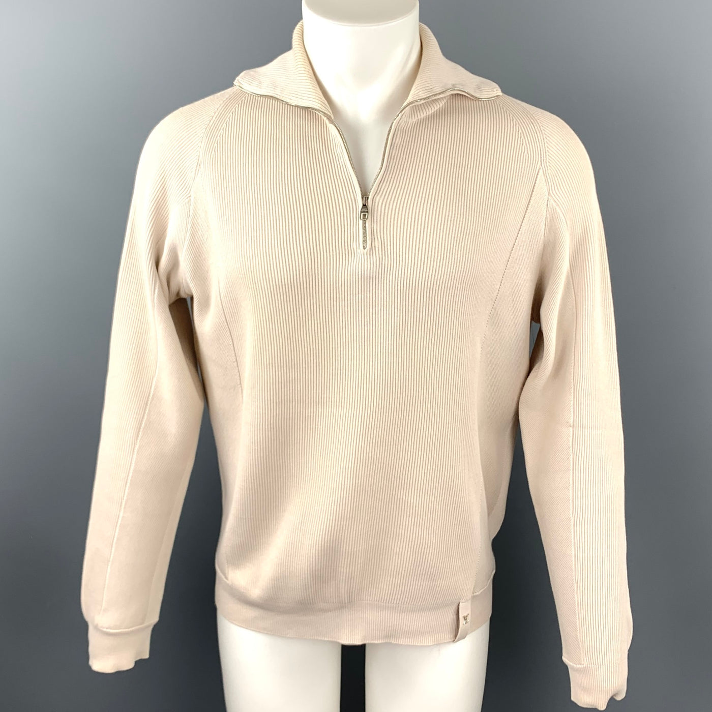 LOUIS VUITTON Size M Beige Ribbed Knit Cotton Blend Half Zip Sweater