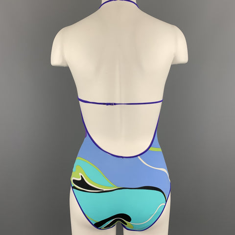 EMILIO PUCCI Size 4 Turquoise & Purple Print One Piece Halter Swimsuit