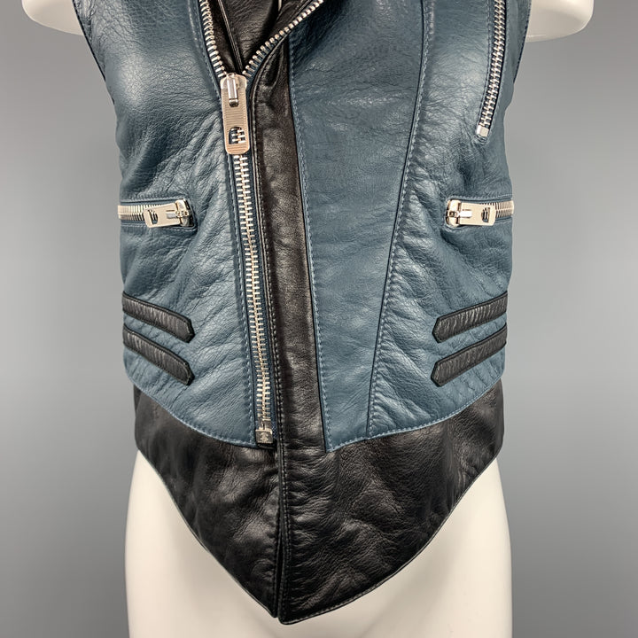 BALENCIAGA Size 8 Black & Teal Blue Quilted Leather Biker Vest