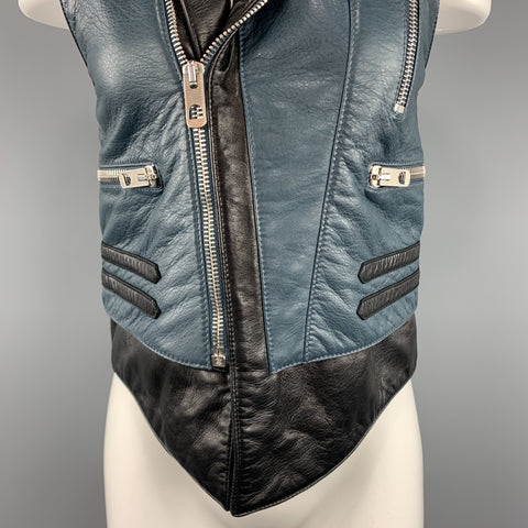 BALENCIAGA Size 8 Black & Teal Blue Quilted Leather Biker Vest