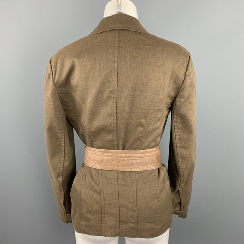 DONNA KARAN Size 4 Olive Twill Wool / Linen Belted Jacket Blazer