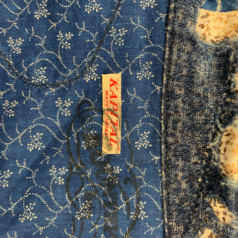 KAPITAL Size XL Indigo Blue Patchwork Cotton / Linen Short Sleeve Shirt