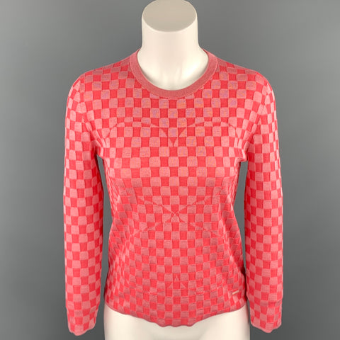 AKRIS Size 2 Pink Checkered Silk Blend Crew-Neck Pullover