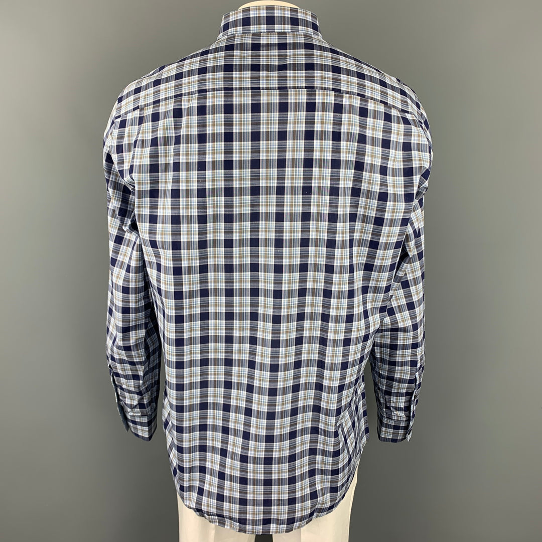 ERMENEGILDO ZEGNA Talla XL Camisa de manga larga de algodón a cuadros azul marino y blanco